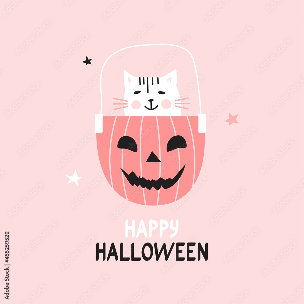 Vector funny happy Halloween card with cute white cat sitting in a pumpkin. Vector funny happy Halloween card with cute white cat sitting in a pumpkin.
