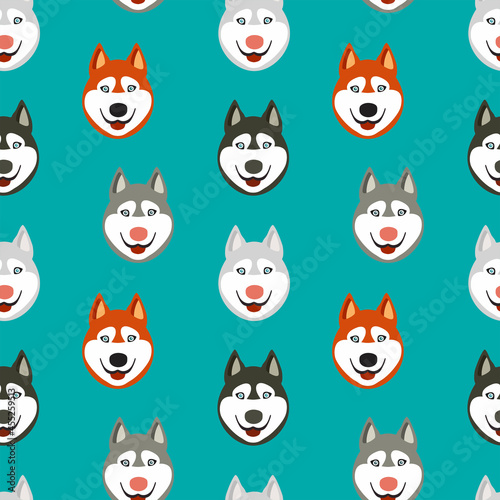 Seamless pattern with happy husky dog faces.