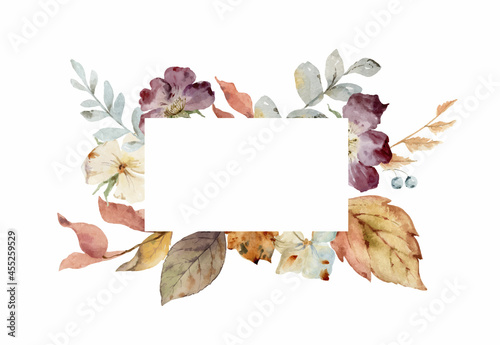 Watercolor vector autumn frame with leaves and branches.
