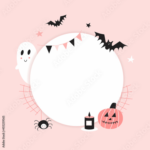 Vector happy Halloween frame background with cute ghost and bats. Pastel colors design.