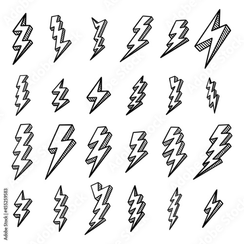 A set of electric lightning bolts. Elements for a thunderstorm. Objects for comics. Doodle hand draw style. Isolated illustration on a white background.