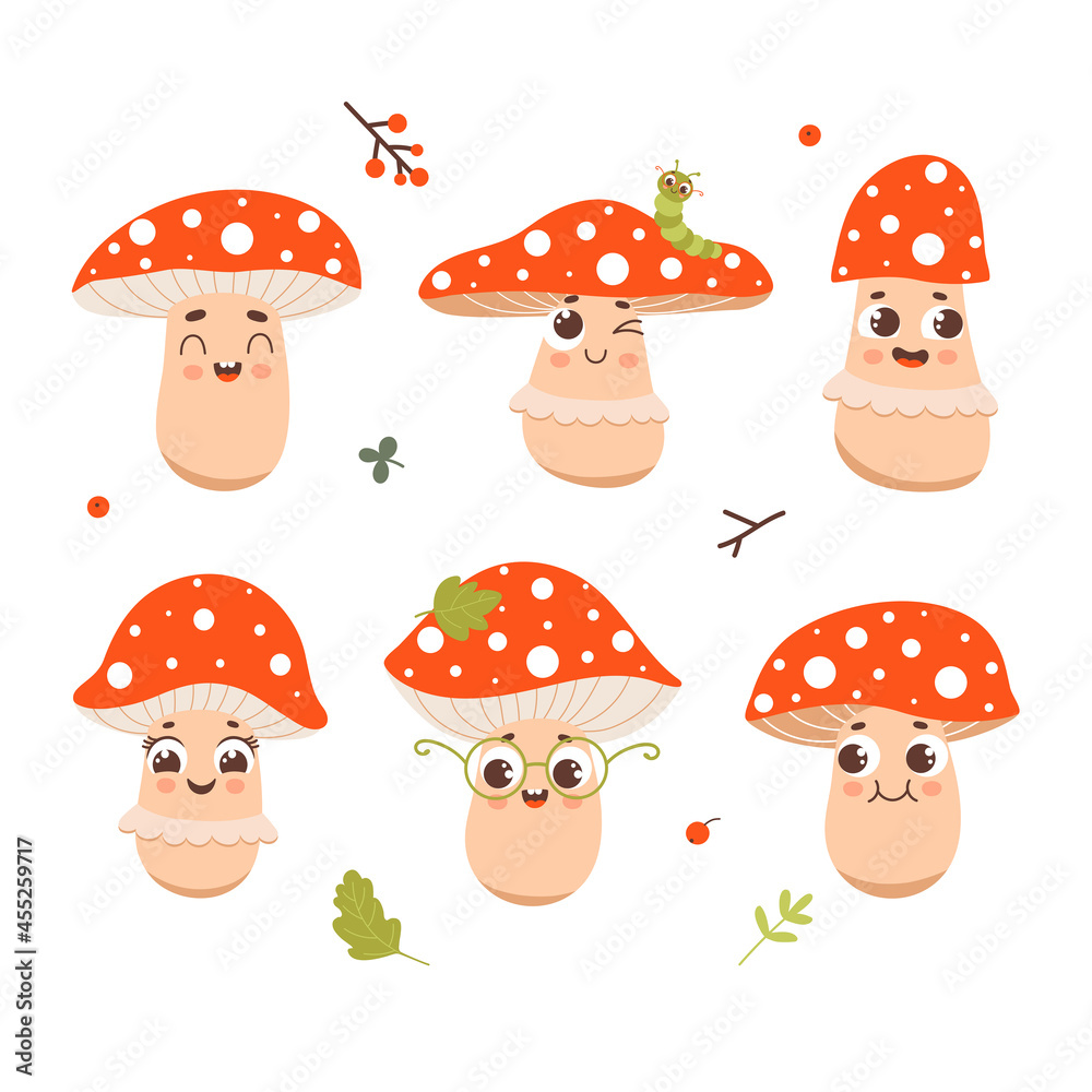 Cute mushroom characters. Set of vector clipart. Suitable for creating postcards, prints, T-shirts, invitations, posters. 