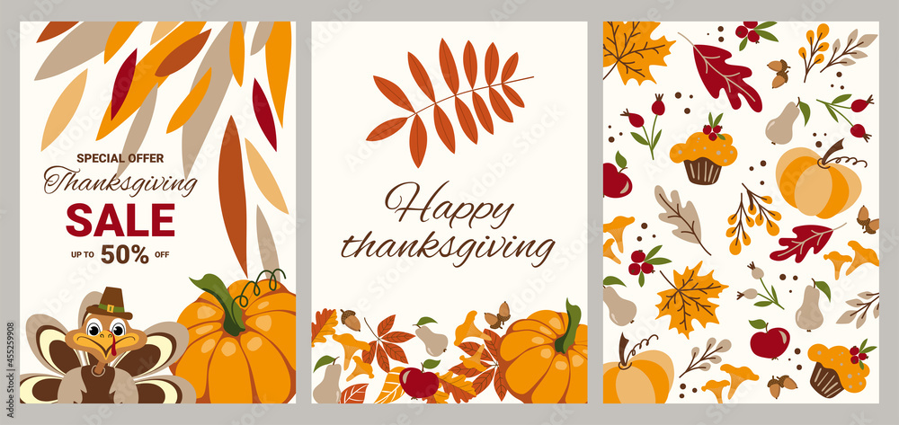 Fototapeta premium Set of vector designs for Thanksgiving Day. Greeting cards, invitations, discount announcements.