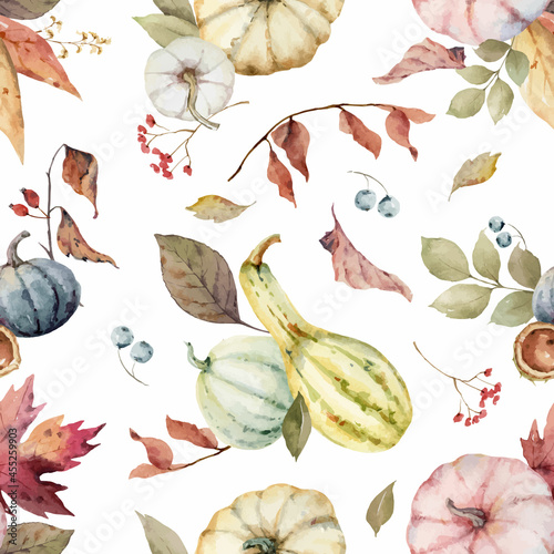 Watercolor vector seamless pattern with colorful pumpkins and leaves.