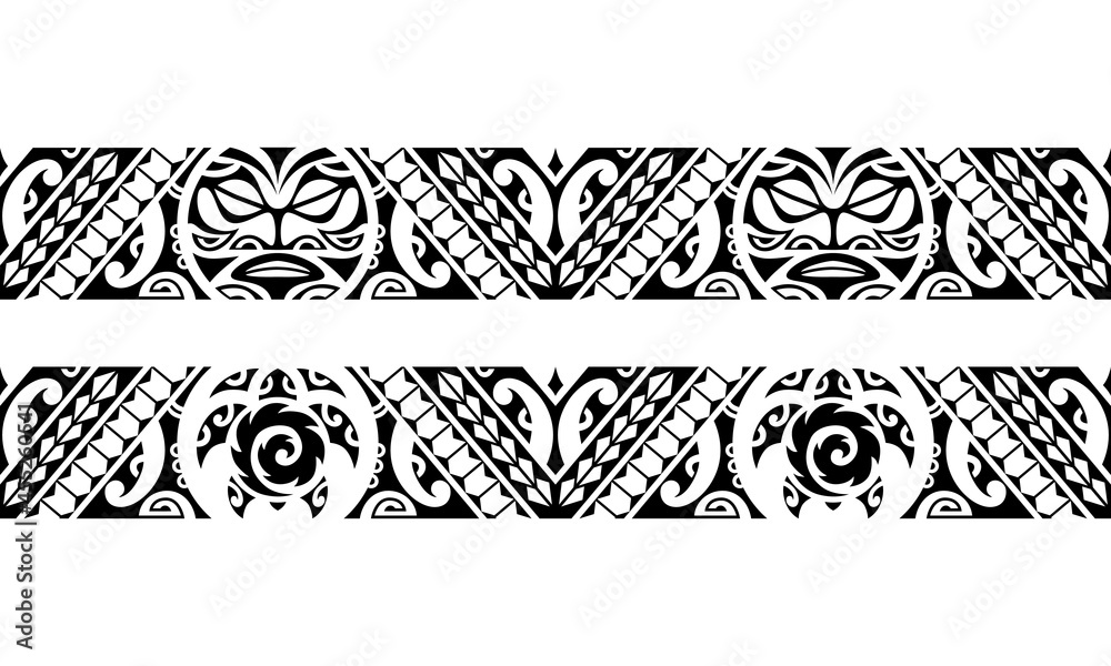 Set of maori polynesian tattoo bracelets border. Tribal sleeve seamless  pattern vector. Samoan bracelet tattoo design fore arm or foot with sun  face and turtle Stock Vector | Adobe Stock