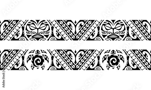 Set of maori polynesian tattoo bracelets border. Tribal sleeve seamless pattern vector. Samoan bracelet tattoo design fore arm or foot with sun face and turtle	
