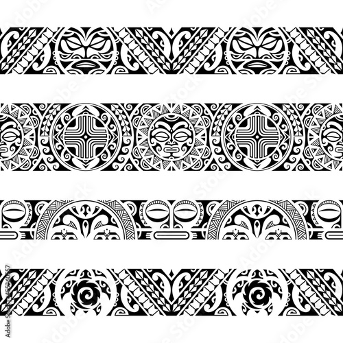 Set of maori polynesian tattoo bracelets border. Tribal sleeve seamless pattern vector. Samoan bracelet tattoo design fore arm or foot with sun face and turtle	
 photo