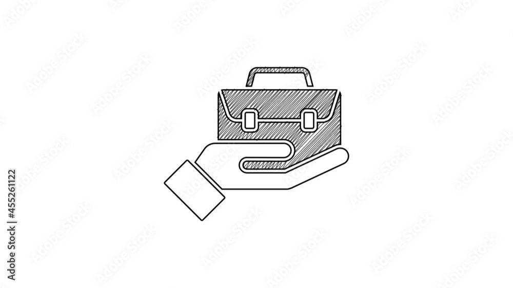 Black line Hand holding briefcase icon isolated on white background. Insurance concept. Security, safety, protection, protect concept. 4K Video motion graphic animation Black line Hand holding briefcase icon isolated on white background. Insurance concept. Security, safety, protection, protect concept. 4K Video motion graphic animation
