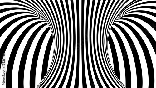 Abstract optical illusion tunnel. Black and white lines with distortion effect. Vector geometric stripes pattern.