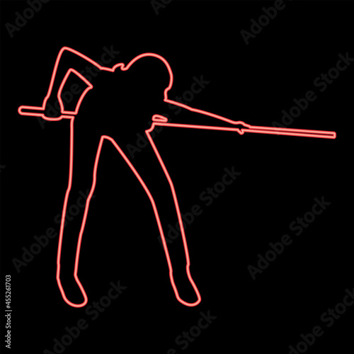 Neon woman playing billiards red color vector illustration flat style image