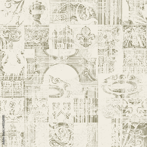 Abstract seamless pattern with hand-drawn architectural fragments on a light backdrop. Monochrome vector background in grunge style. Suitable for wallpaper, wrapping paper or fabric