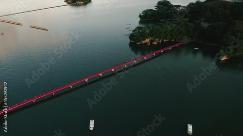 Beautiful Red Bridge of Fukuurabashi in Matsushima In Sendai Japan - Aerial Shot photo