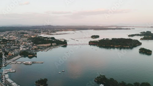 Matsushima Bay With Fukuurabashi Bridge In Miyagi, Japan At Sunset. aerial