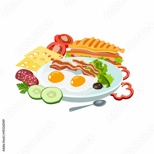 Sample breakfast farm fresh plate with fried eggs and bacon, cheese, sausage and vegetables, sandwich of toast bread. Set for menu poster. Brunch healthy start day options food. Vector illustration.