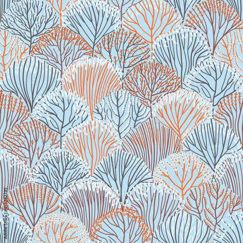 Seamless pattern of autumn-winter forest on a blue background. Orange autum forest nature. Delicate colors of autumn-winter branches and leaves. Flat vector illustration.