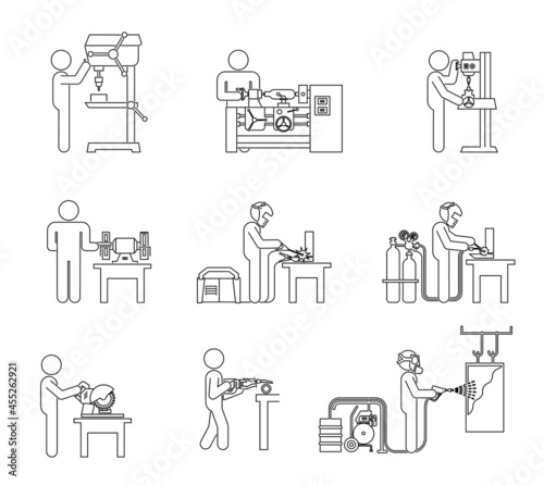 Pictograms line Icon collection of electric machine tools for metal, plastic. Machines used in production in various types of industry.