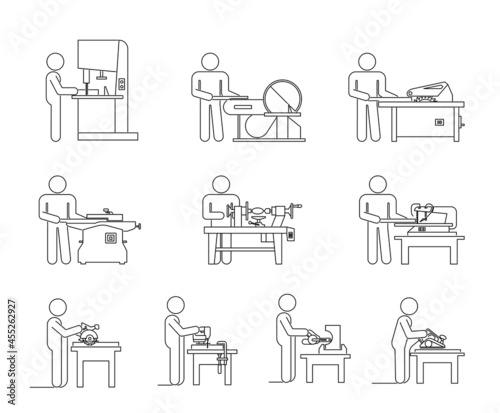 Pictograms lineIcon collection of electric machine tools  for wood. Machines used in production in various types of industry.