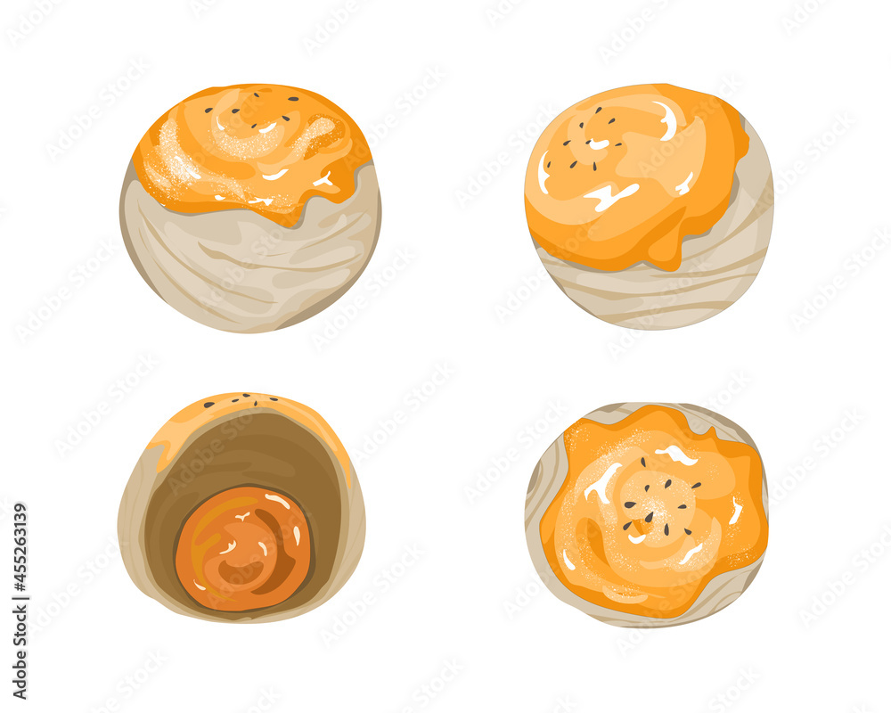 Isolated Shanghai mooncake in different view on white background . Hand drawing vector illustration. Authentic Asian food and snack. Isolated Shanghai mooncake in different view on white background . Hand drawing vector illustration. Authentic Asian food and snack.
