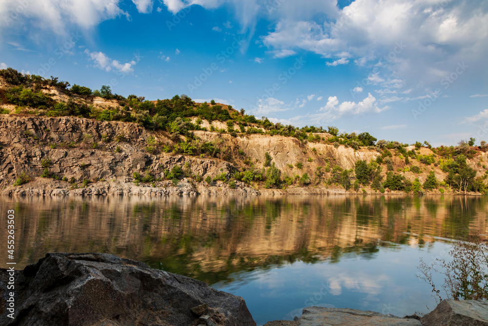 Lake in an abandoned granite quarry. Ecology. Industrial tourism. Lake in an abandoned granite quarry. Ecology. Industrial tourism.