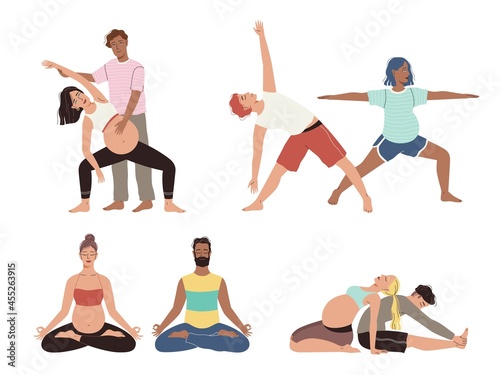 Pregnancy yoga couple. Happy future parents different asana poses, healthy family stretch and meditation exercise, husband and wife preparing for child birth. Vector cartoon isolated set