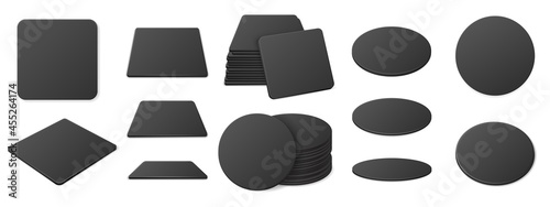Black beer coaster. Realistic round and square drinks coasters for pub and bar, dark color supports for glasses with beverages, view from different angles, blank cardboard mats mockup vector set