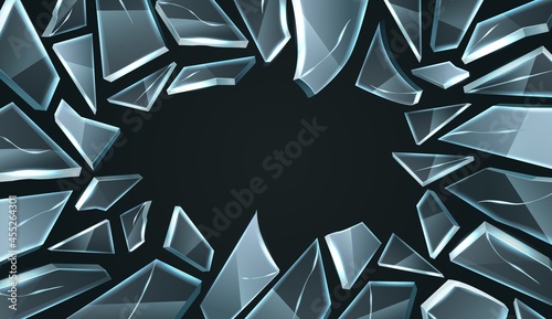 Broken glass frame. Realistic smashed window, shards with cracks random shapes, damage and destruction 3d effects. Damaged mirror triangular particles black background vector isolated concept