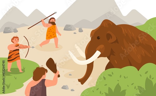 Stone age hunting. Ancient men chasing mammoth animal, angry caveman pursuit prey, neolithic prehistoric people with primitive weapons, bow and arrow, spear and club vector cartoon concept