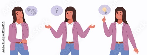 Woman think. Idea search three stages, intense reflection, female character thought process, solving problem, confuse and right decision making. Human with thought bubbles. Vector set