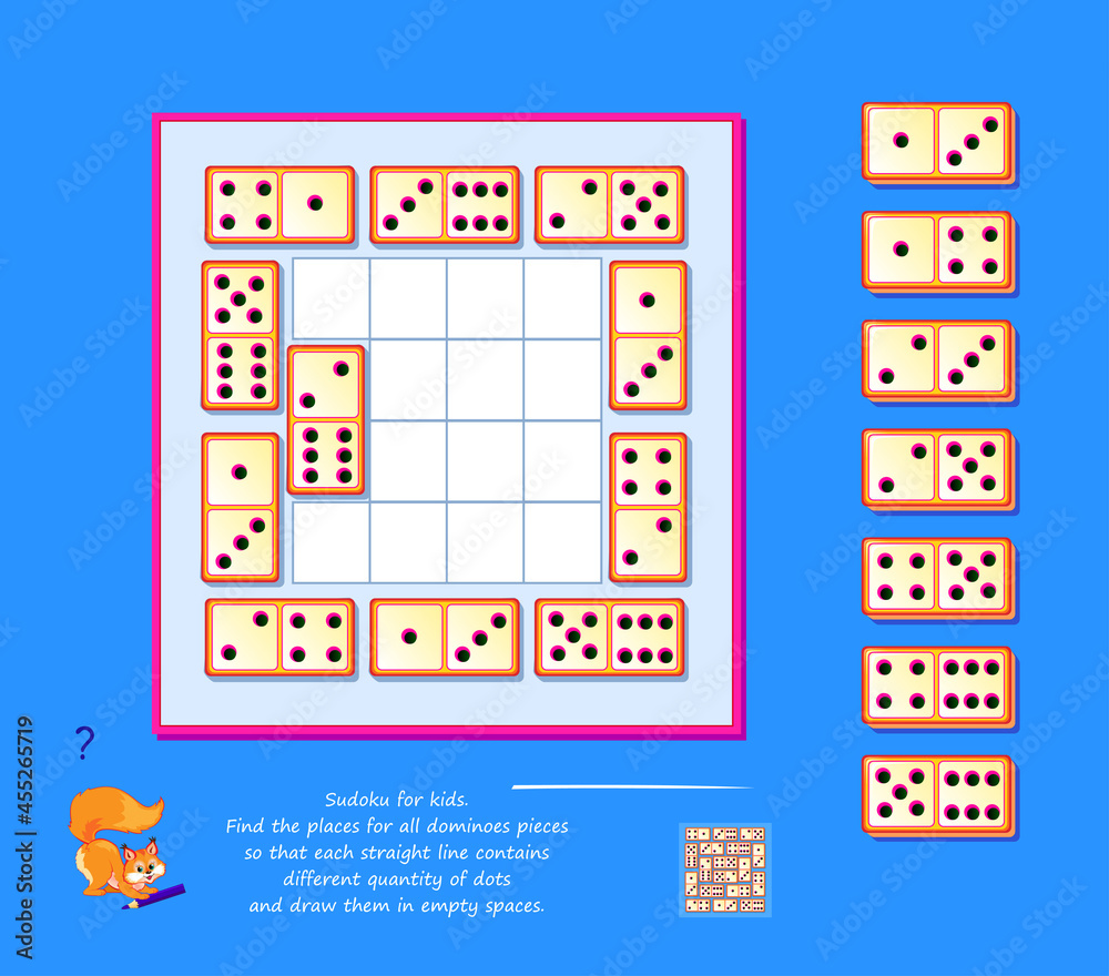 Vecteur Stock Logic Sudoku puzzle game for kids. Find places for all  dominoes so each straight line contains different quantity of dots. Brain  teaser. Play online. Development spatial thinking and counting skills.