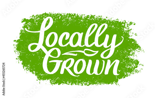 Locally Grown, vector logo template. Hand Drawn brush lettering with plant. Label, brand emblem for organic food, products packaging, farmer market.