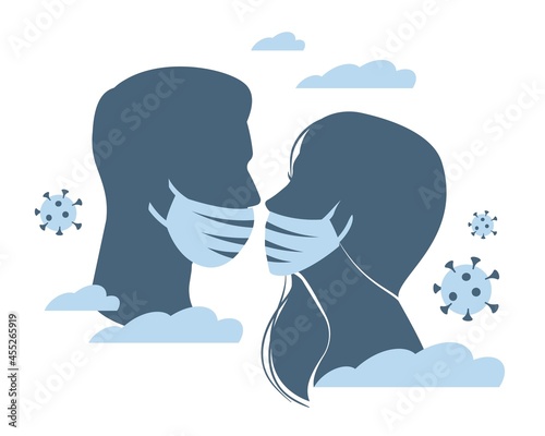 Obstacle of kiss. Silhouettes of man and woman kissing  faces in medical masks  virus on background  girl and boy on romantic date  prevention epidemic  covid-19 vector isolated concept