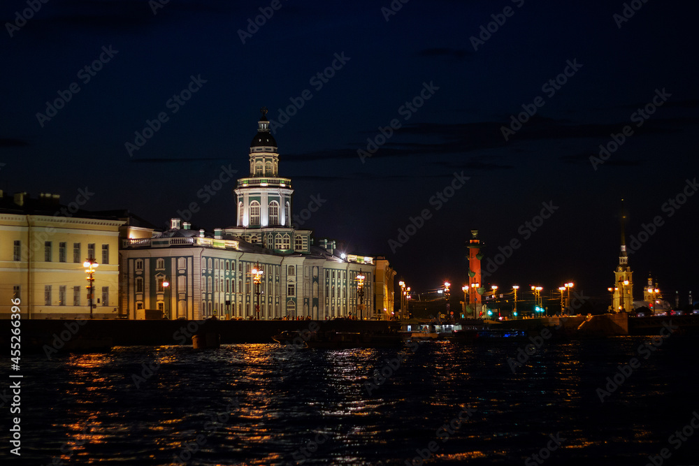 Kunstkammer in St. Petersburg at night. Night landscape of St. Petersburg. View of the Kunstkamera and rostral columns at night.