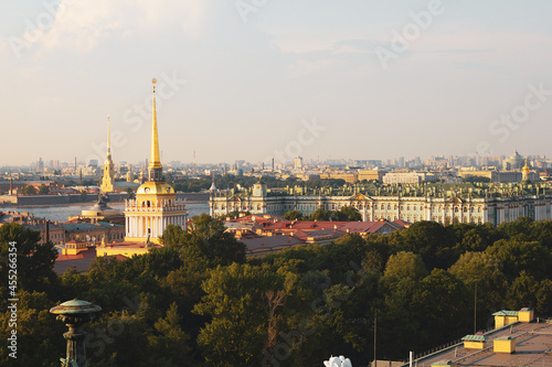 Top view of the city of Saint Petersburg and the Winter Palace. View from the colonnade of St. Isaac's Cathedral in St. Petersburg. Panorama of St. Petersburg.