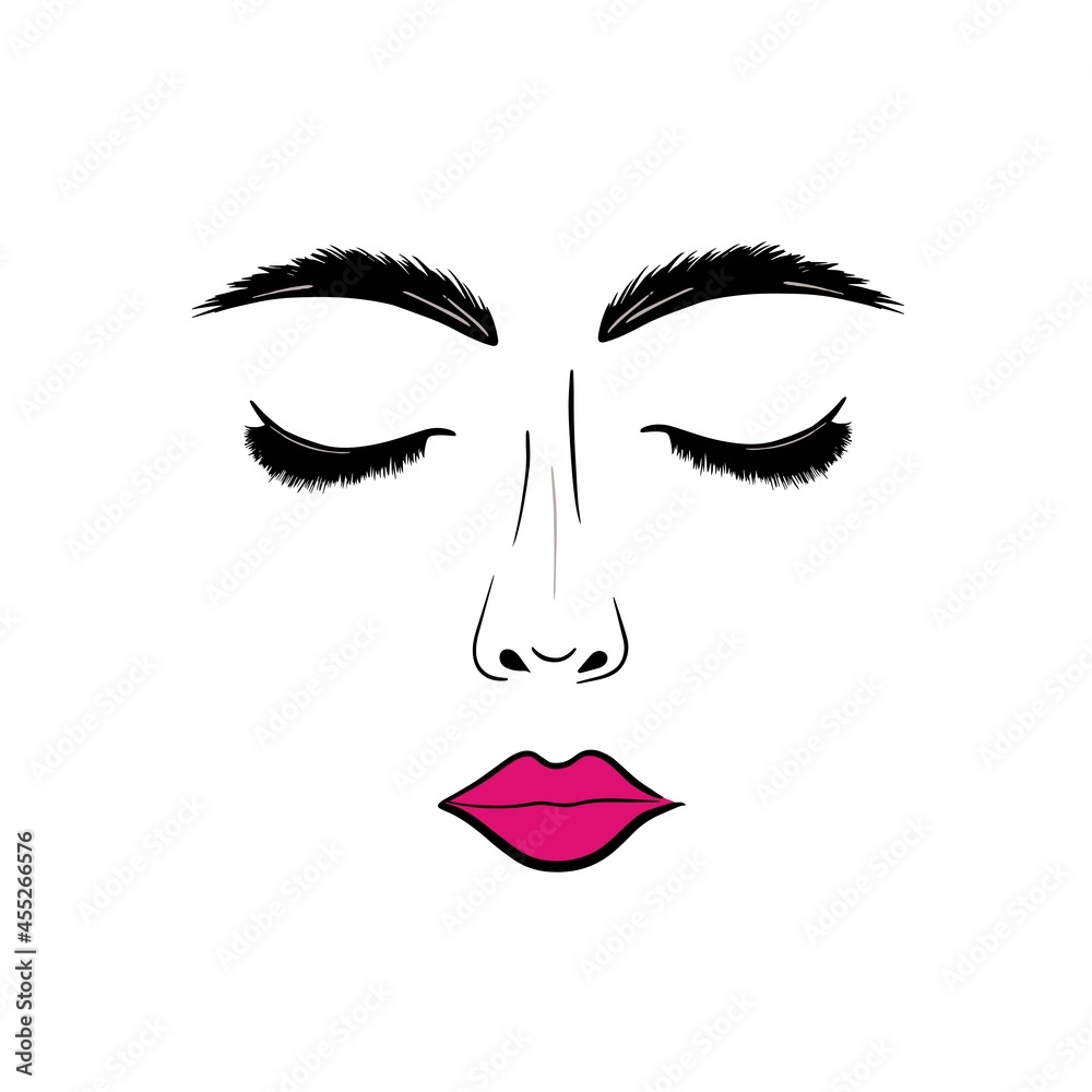 Woman's face with closed eyes and pink lips. beauty illustration for lash maker, eyebrow master, lip tauage, make-up master, logo for a beauty salon. Vector eps 10.