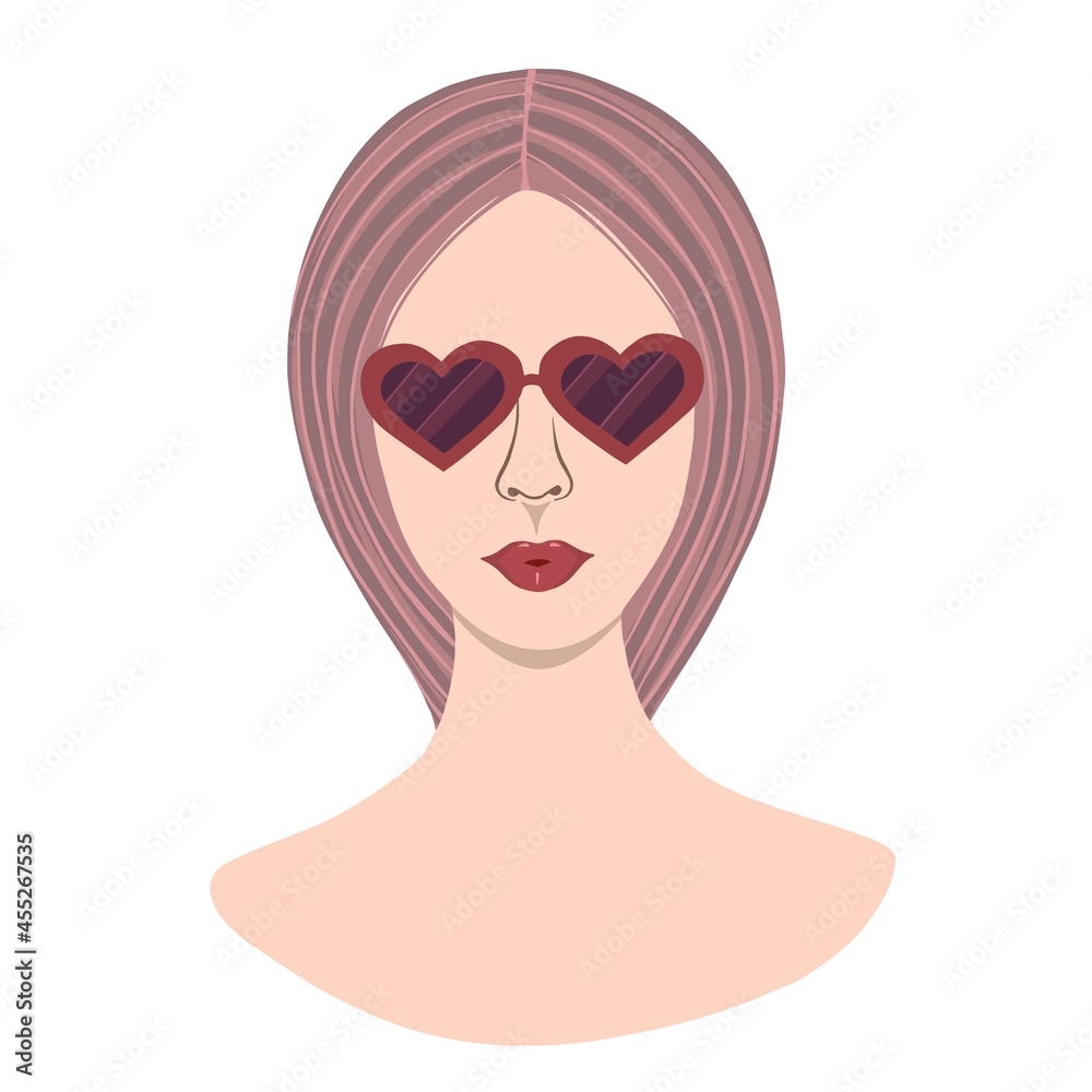 Girl with heart-shaped glasses. Vector illustration for printing, logo, beauty saloon, covers, packaging, greeting cards, posters, stickers, textile and seasonal design. Isolated on white background.