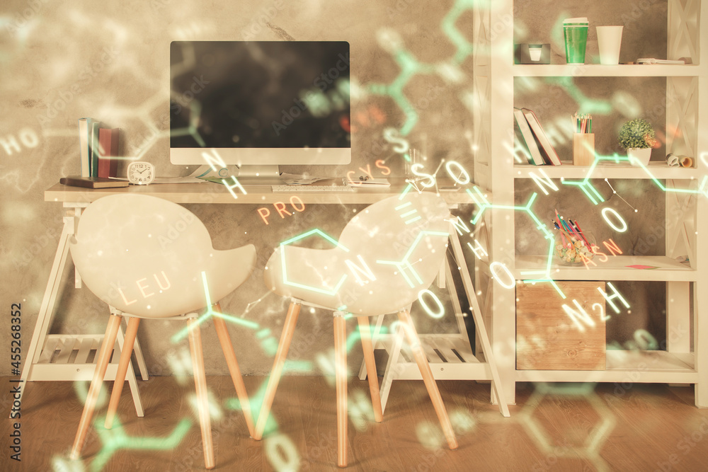 Double exposure of formulas drawing and office interior background. Concept of education. Double exposure of formulas drawing and office interior background. Concept of education.