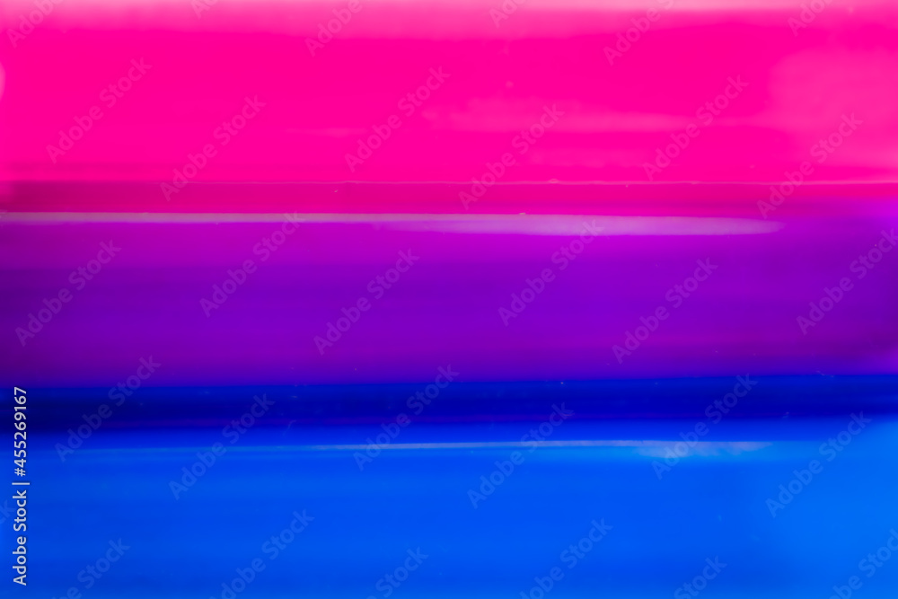 Illustration of bisexual flag made with brightness colours. Pink, purple and blue flag illustration for supporting bisexual rights. - obrazy, fototapety, plakaty 