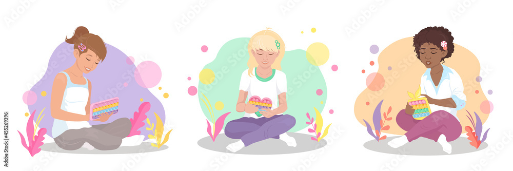 Three girls are sitting and playing with pop it toy. Concept of kids leisure and entertainment. Vector graphic illustration Three girls are sitting and playing with pop it toy. Concept of kids leisure and entertainment. Vector graphic illustration