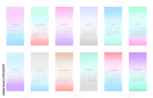 Set of soft color gradient background with 2022 Calendar