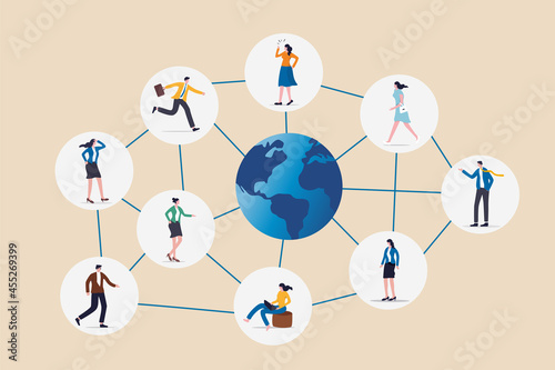 Global network community, offshore or remote work around the world, social media or work networking, connect or link people together concept, business people connect with line around global world. photo