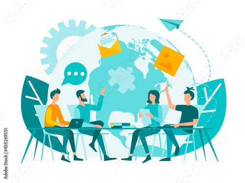 Worldwide teamwork, corporate meeting. Roundtable office meeting. Social media connection