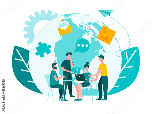 Roundtable office meeting. Worldwide teamwork, corporate meeting
