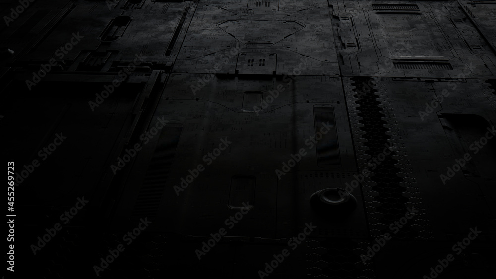 Black, Tech Wallpaper with Sci-Fi 3D Panels. Dark, Futuristic style. 3D Render. Black, Tech Wallpaper with Sci-Fi 3D Panels. Dark, Futuristic style. 3D Render.