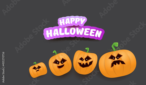 Halloween Horizontal web Banner or poster with Halloween scary pumpkins gang isolated on grey background. Funky kids Halloween concept background with greeting text