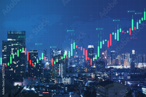 Wallpaper Mural Abstract glowing forex chart on night city background. Trade, finance and invest concept. Double exposure. Torontodigital.ca