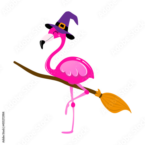 Happy Halloween - with flamingo witch with broomstick - funny vector label. Lettering poster or t-shirt textile graphic design. Cute flamingo character illustration on isolated background. photo