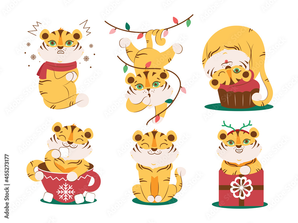 The set of winter tigers is good for Holidays designs. The cute animals are good for logos 2022, Merry Christmas and Happy New Year designs. The collection is a vector illustration The set of winter tigers is good for Holidays designs. The cute animals are good for logos 2022, Merry Christmas and Happy New Year designs. The collection is a vector illustration