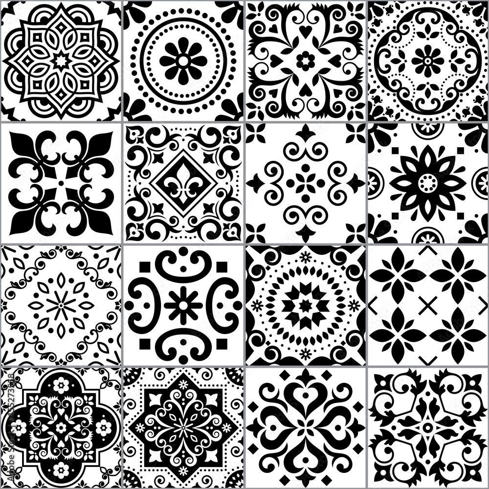 Portuguese and Spanish azulejo tiles seamless vector pattern collection in black on white, traditional floral design big set inspired by tile art from Portugal and Spain
Portuguese and Spanish azulejo tiles seamless vector pattern collection in black on white, traditional floral design big set inspired by tile art from Portugal and Spain