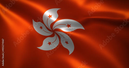 Hong Kong flag with waving folds, close up view, 3D rendering photo