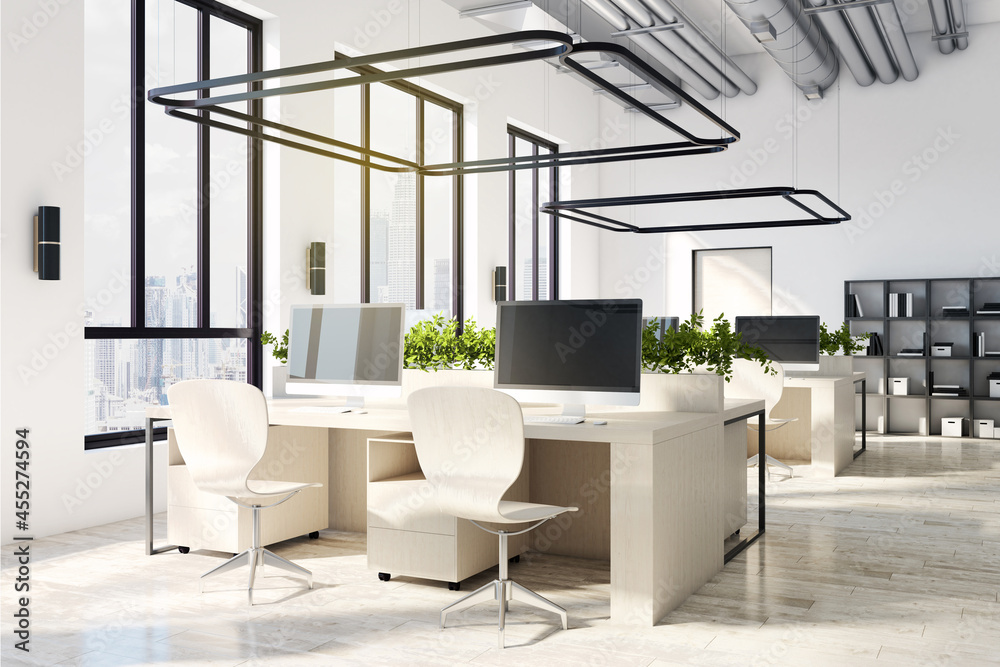 Illuminated coworking office interior with equipment, wooden flooring, furniture, city view and sunlight. 3D Rendering. Illuminated coworking office interior with equipment, wooden flooring, furniture, city view and sunlight. 3D Rendering.